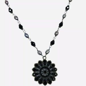 Vintage Flower Wheel Black Element Pendant On Pearl Beaded Statement Necklace